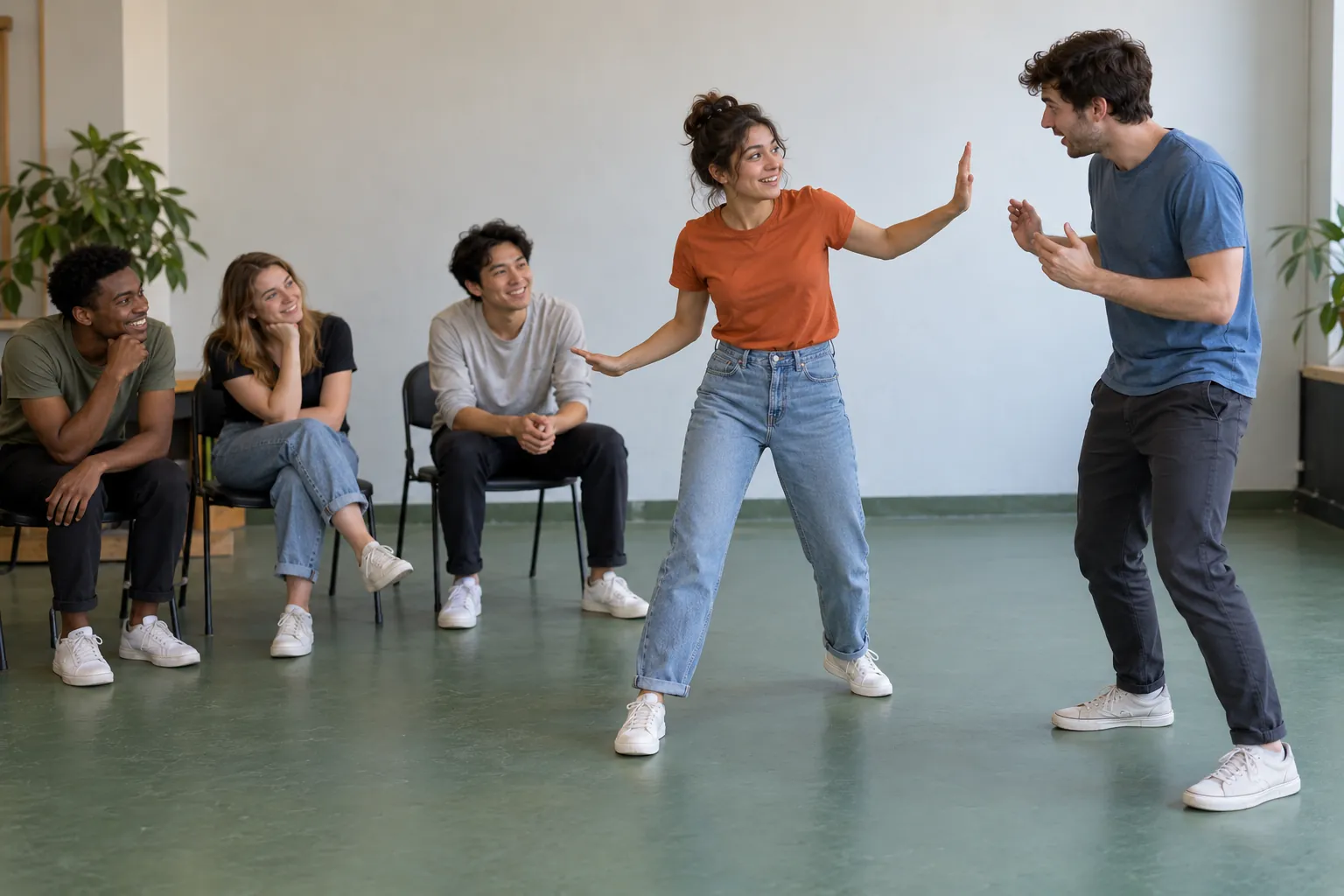 Illustration: Young adults rehearse an improv scene while their peers watch in a practice room.