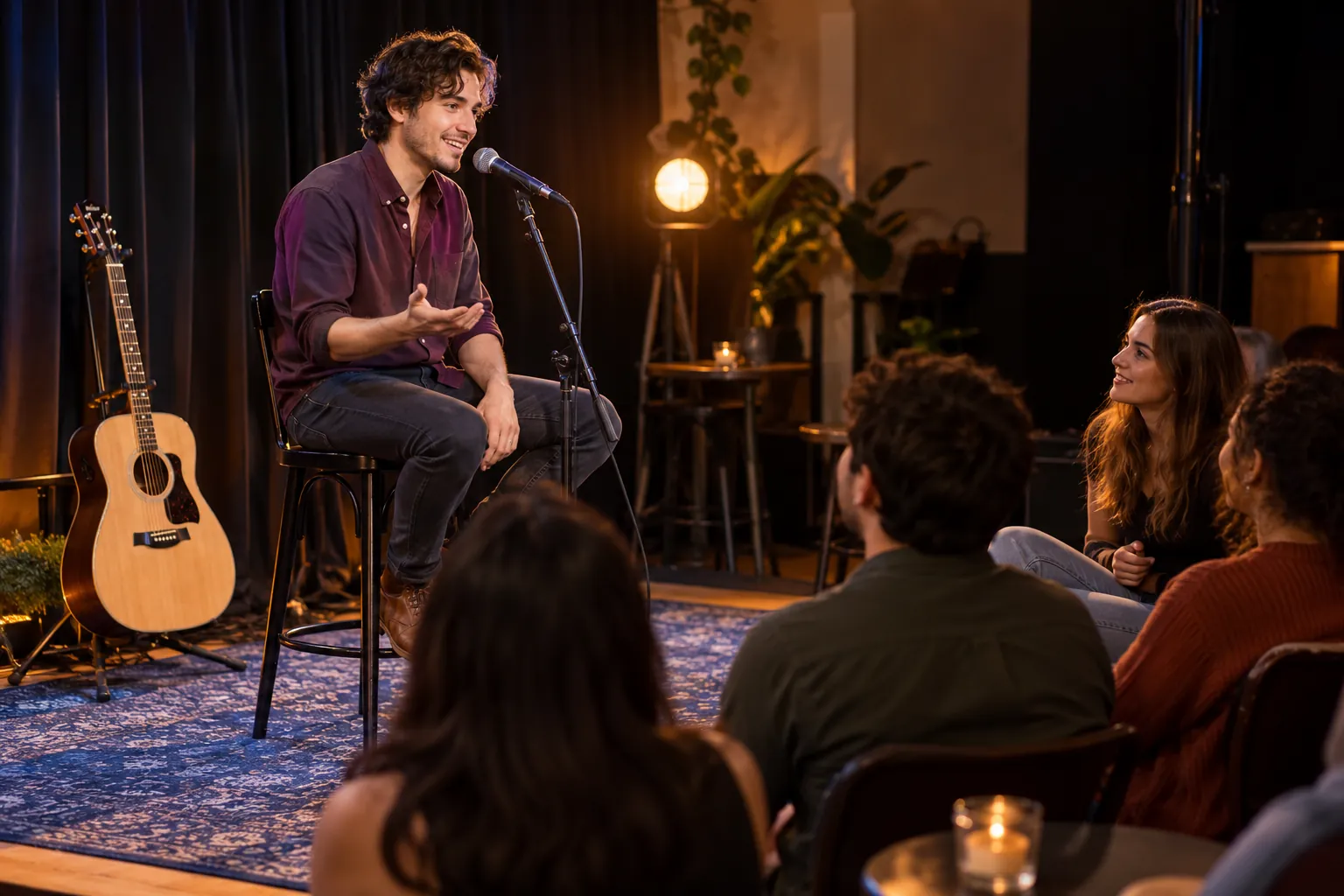 Illustration: A young performer speaks to the audience between open-mic sets.