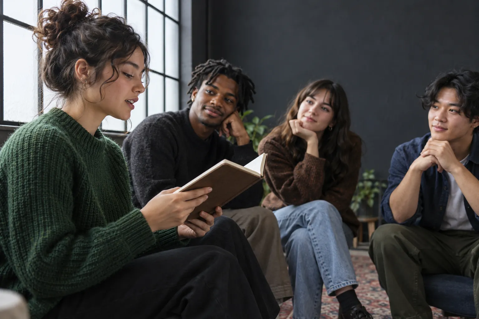 Illustration: A young adult reads a poem to attentive peers in a studio.