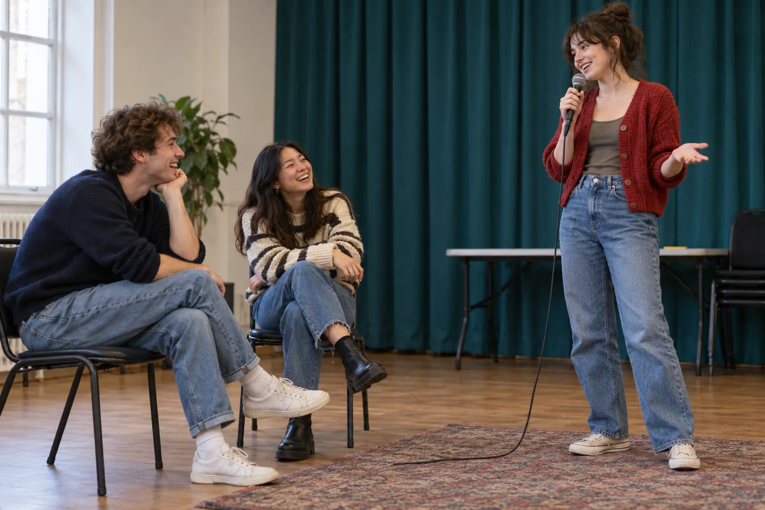 Illustration: Young adults rehearse a comedy set together in a community room.