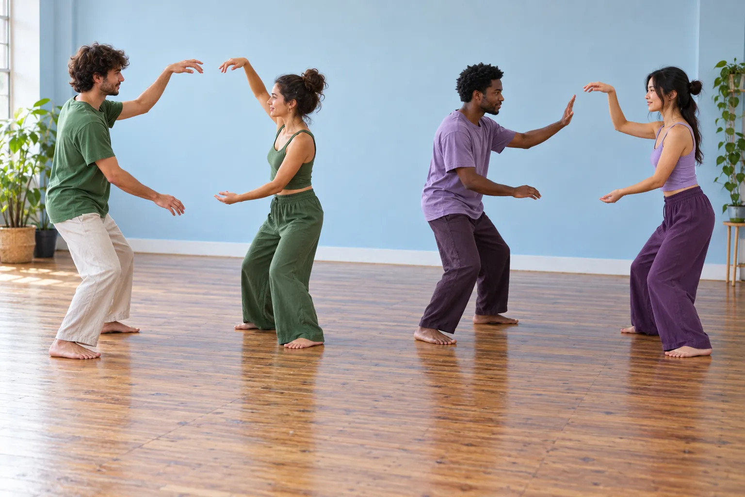 Illustration: Four young adults practicing an improv mirroring exercise in pairs.