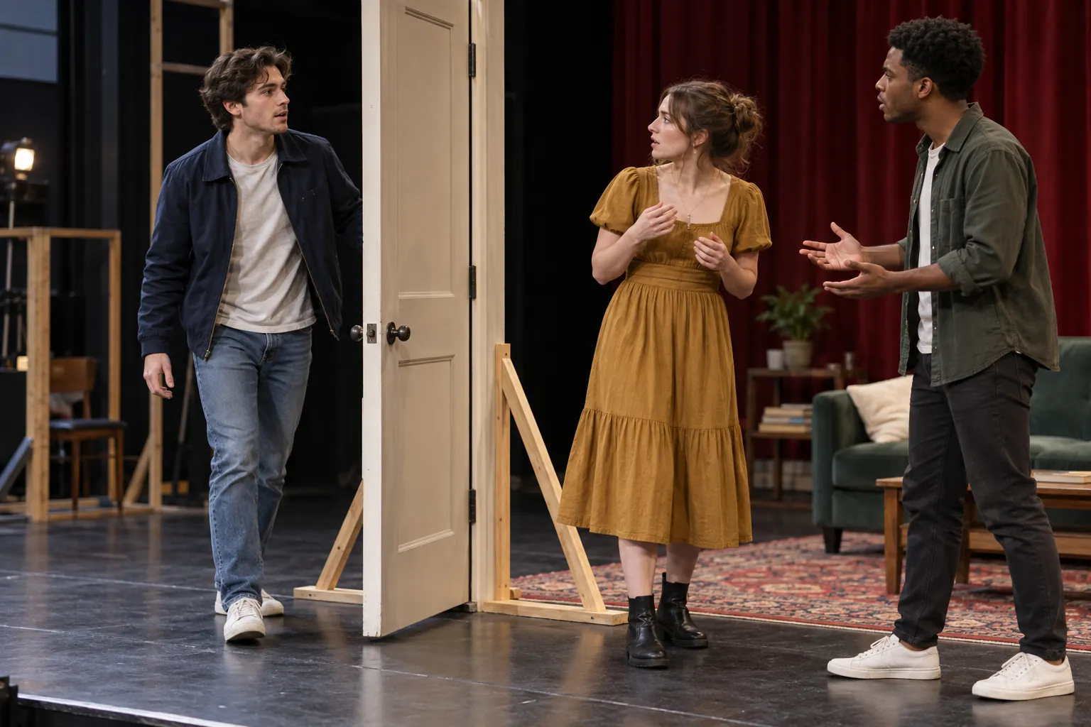 Illustration: Three young adult actors rehearsing beside a plain set door.