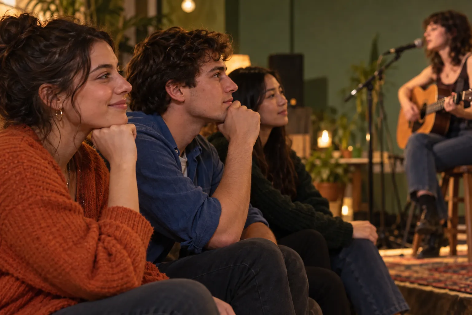 Illustration: Young adults listening at an intimate open-mic gathering.