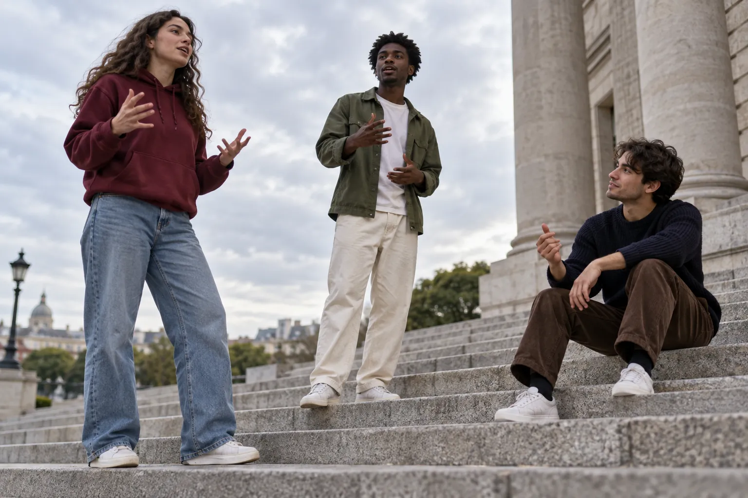 Illustration: Two young adults practicing spoken word as a friend listens.
