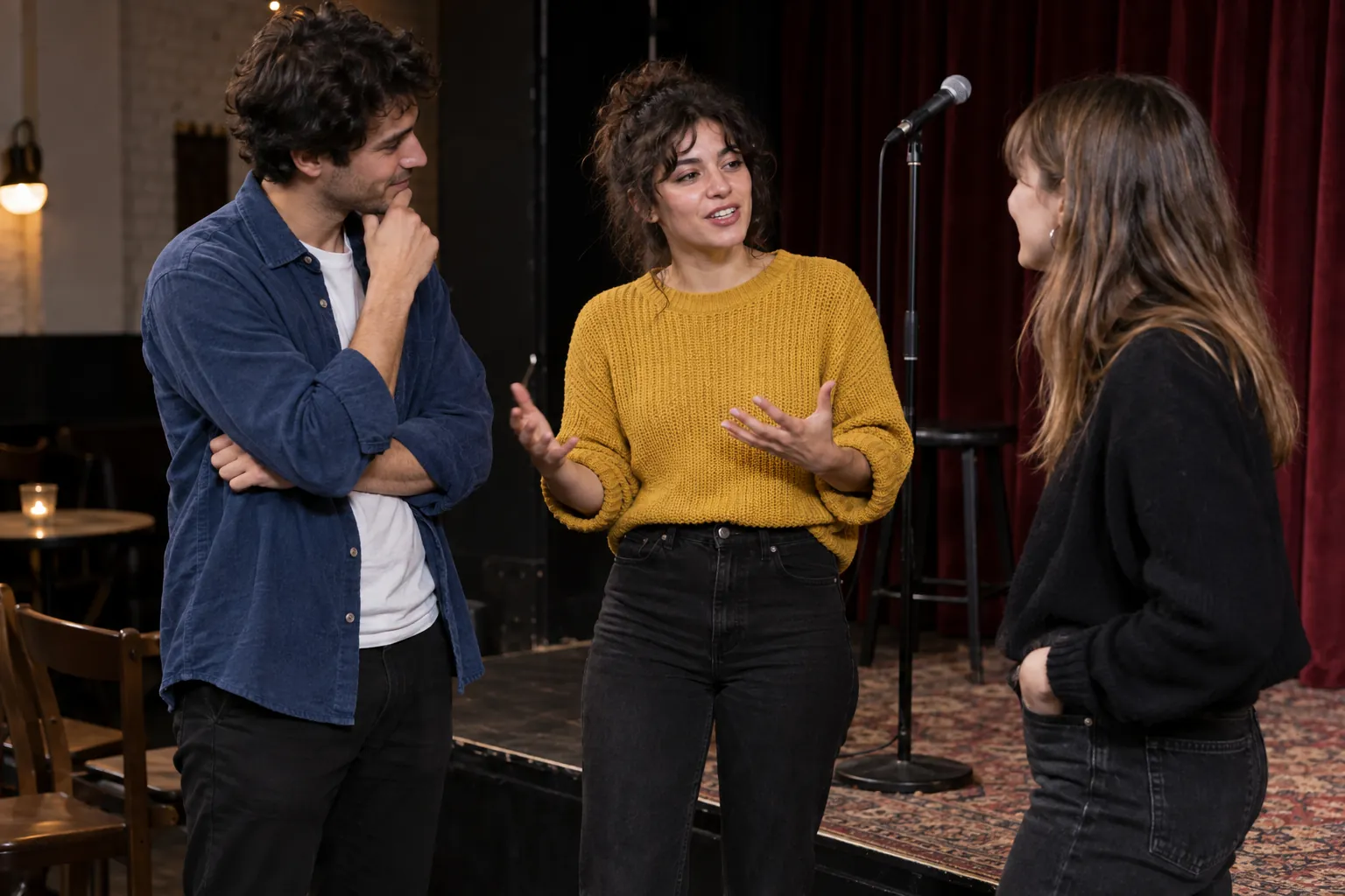 Illustration: Young adults discuss a comedy set beside a small venue stage.