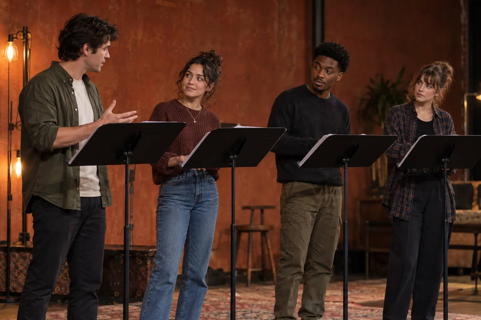 Illustration: Young adult actors rehearse a staged reading at music stands.