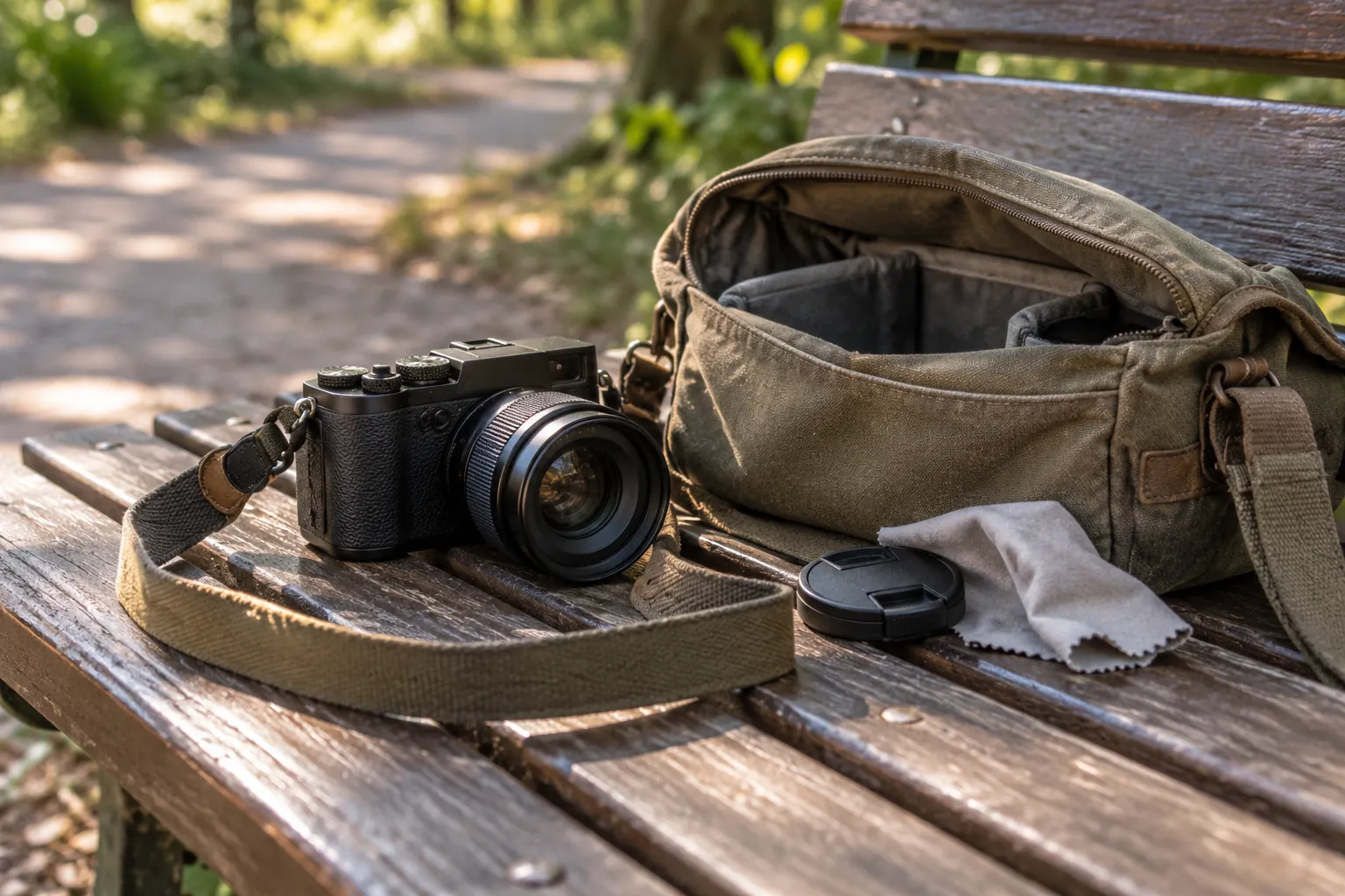 Illustration: A compact camera, strap and canvas bag on a park bench.