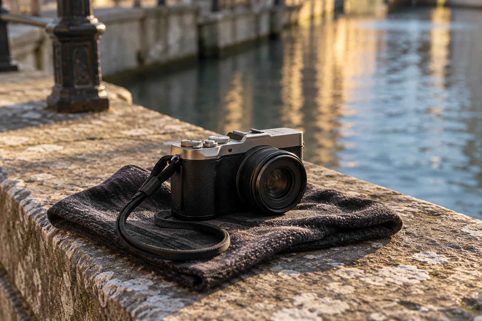 Illustration: A compact camera and cloth resting on a stone canal ledge.