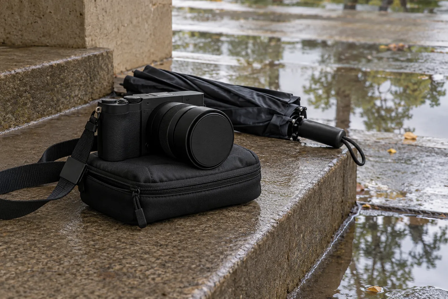 Illustration: A camera and pouch beside a folded umbrella on damp outdoor steps.