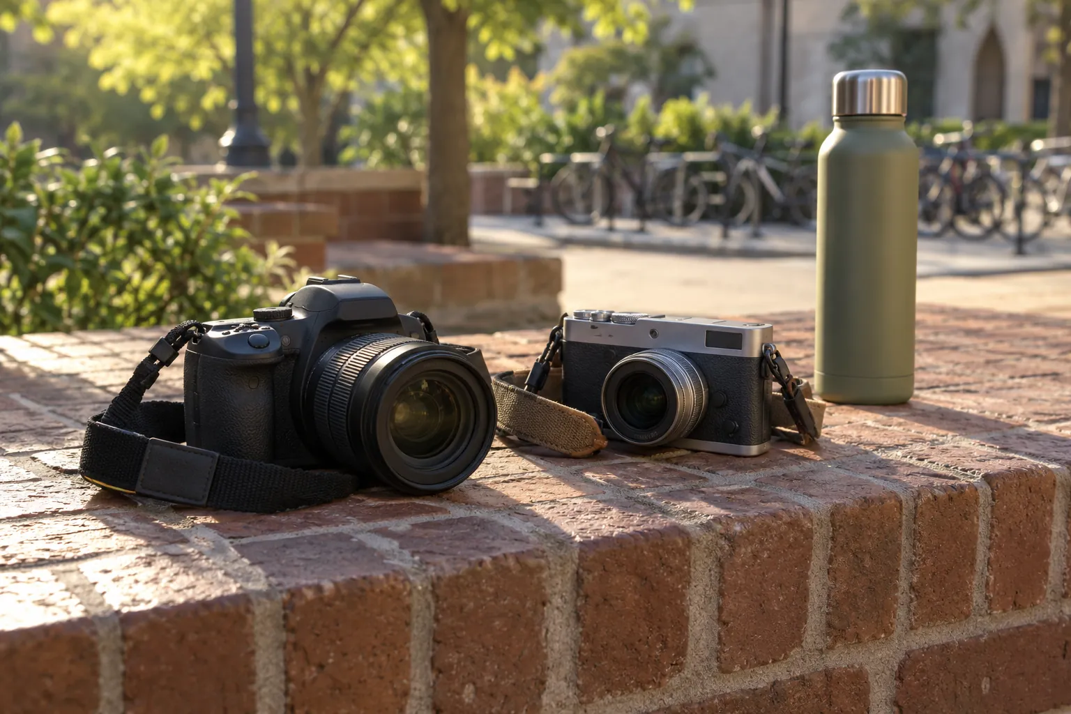 Illustration: Two cameras resting on a sunlit brick courtyard wall.