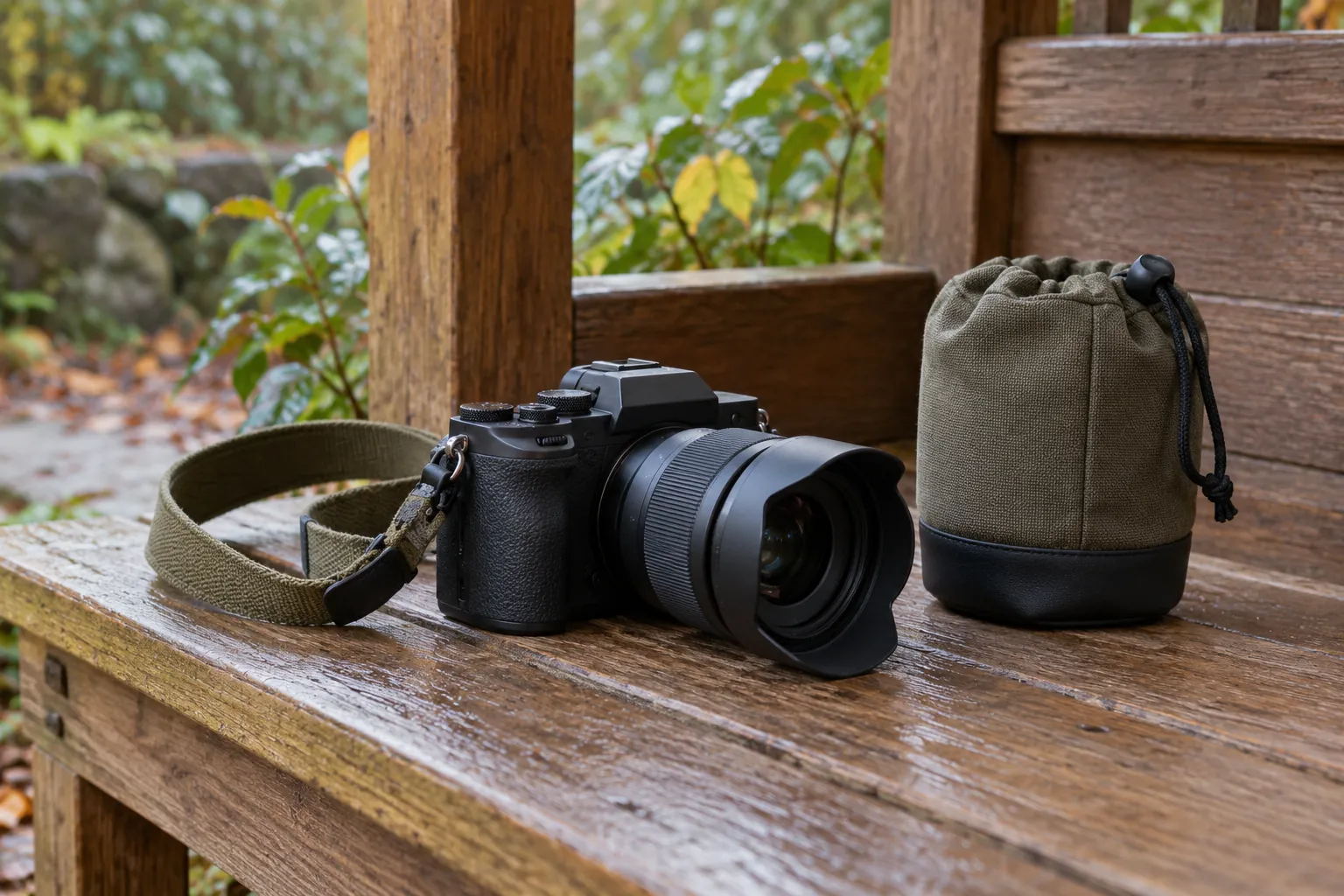 Illustration: A camera with a macro lens and pouch in a garden shelter.