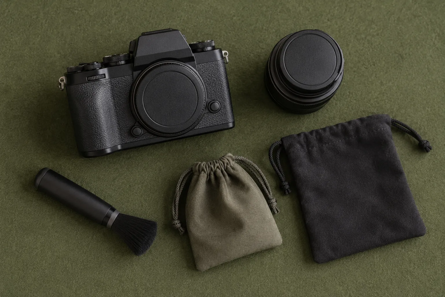 Illustration: A capped camera body, lens and cleaning brush on an olive mat.