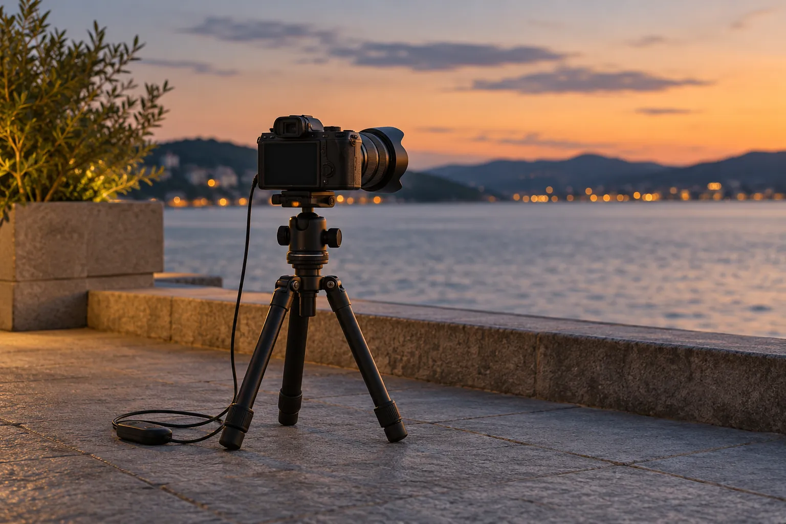 Illustration: A tripod-mounted camera overlooking water at dusk.