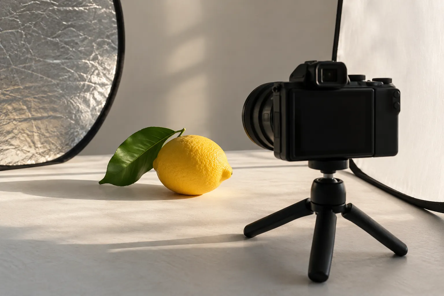 Illustration: A camera, reflector and diffuser arranged for a close-up of a lemon.