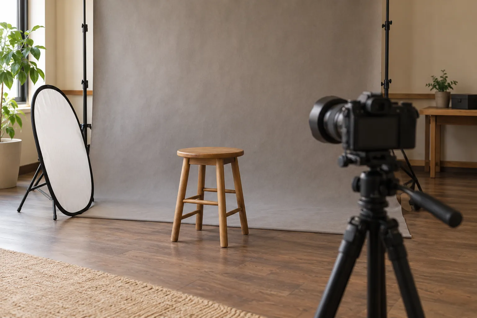Illustration: An empty stool, gray backdrop, reflector and camera prepared for portrait practice.