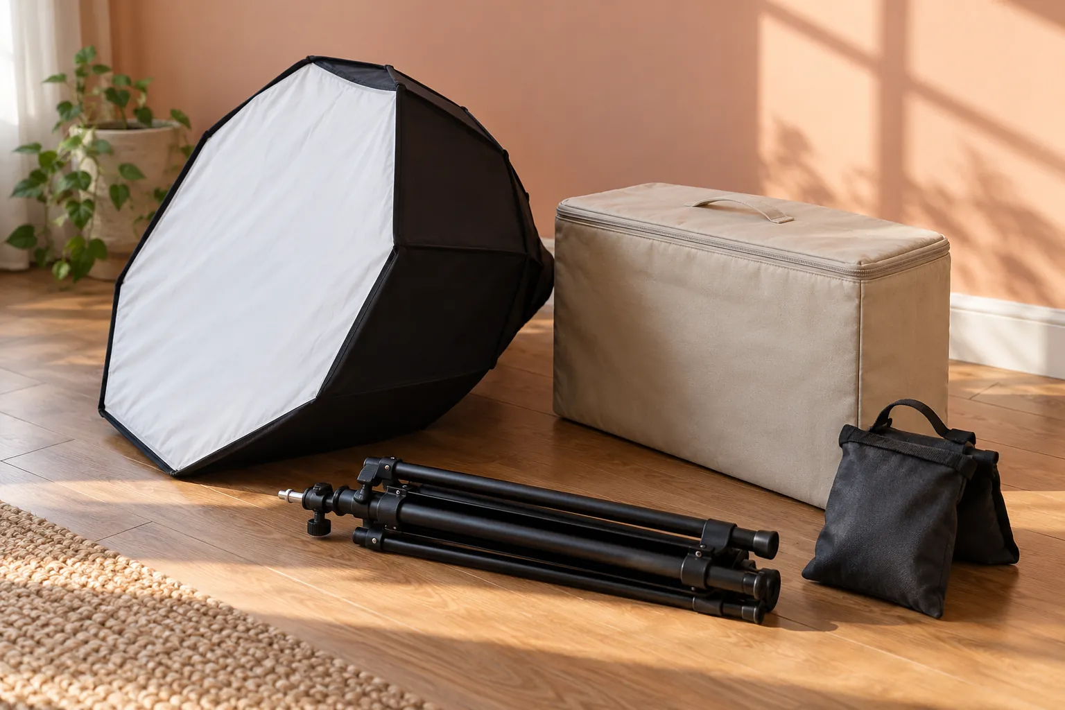 Illustration: A softbox, folded light stand and equipment case on a studio floor.
