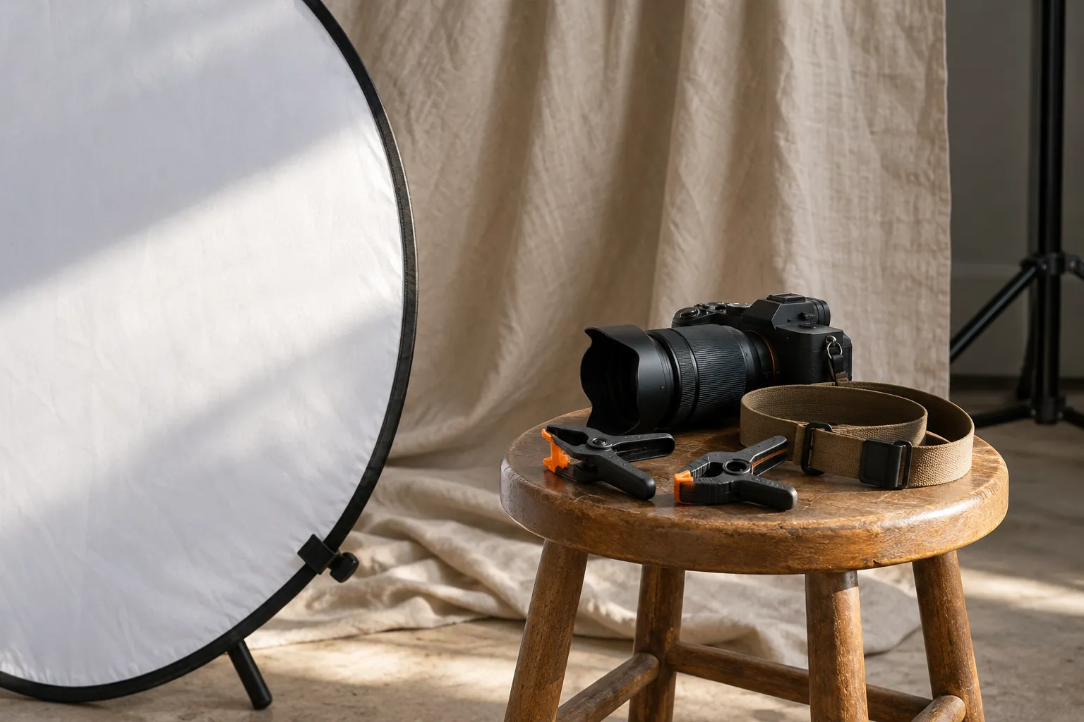 Illustration: A white reflector, draped backdrop and clamps beside a low stool.