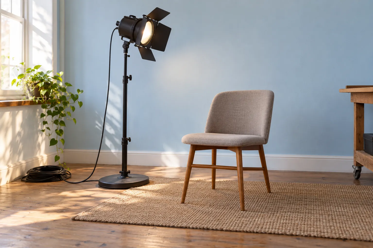Illustration: A light stand aimed at an empty chair in a simple practice room.