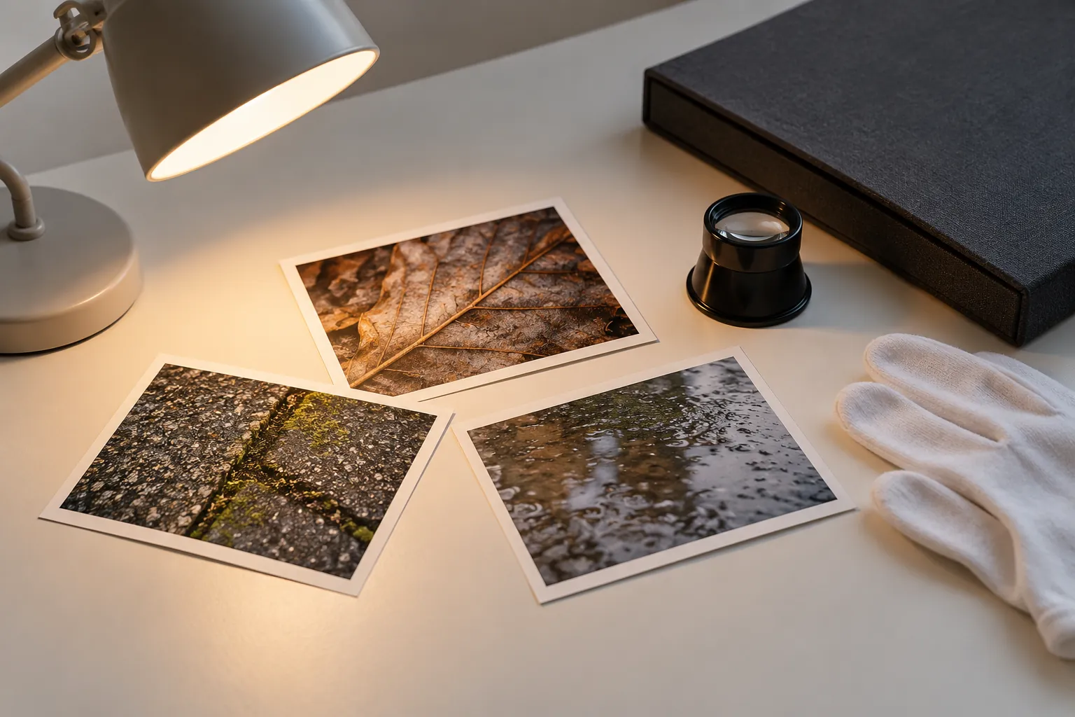 Illustration: Texture photographs, a loupe and a portfolio beneath a desk lamp.