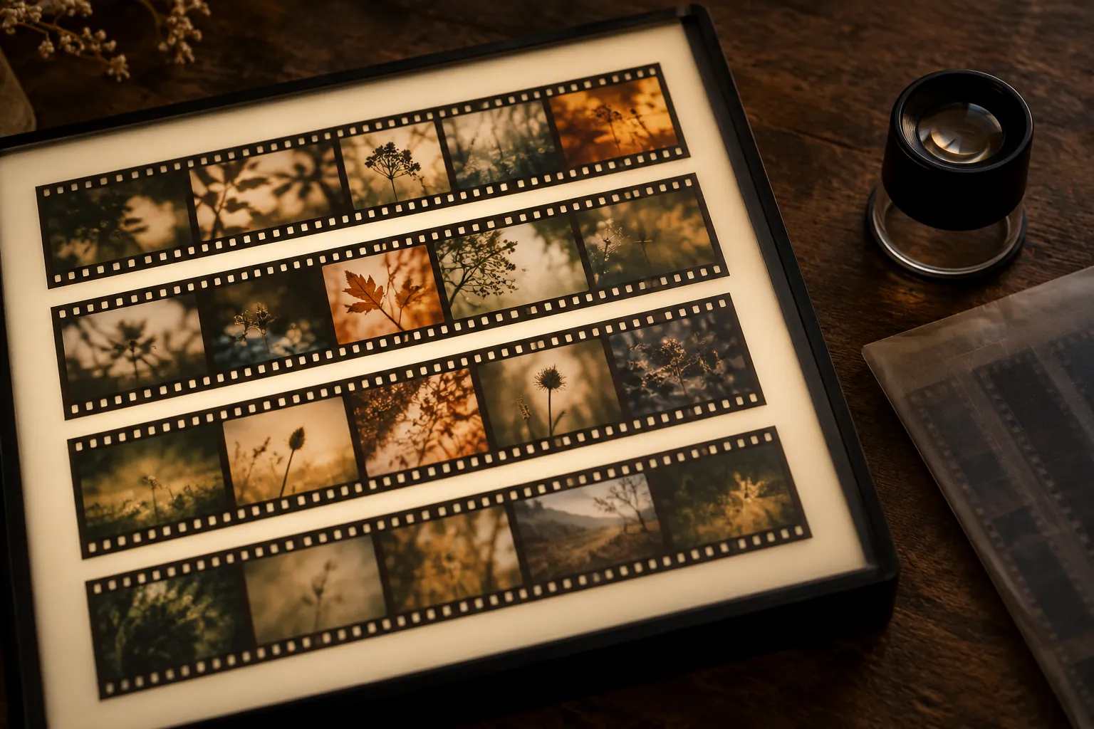 Illustration: A loupe and text-free nature contact sheet on a lightbox.