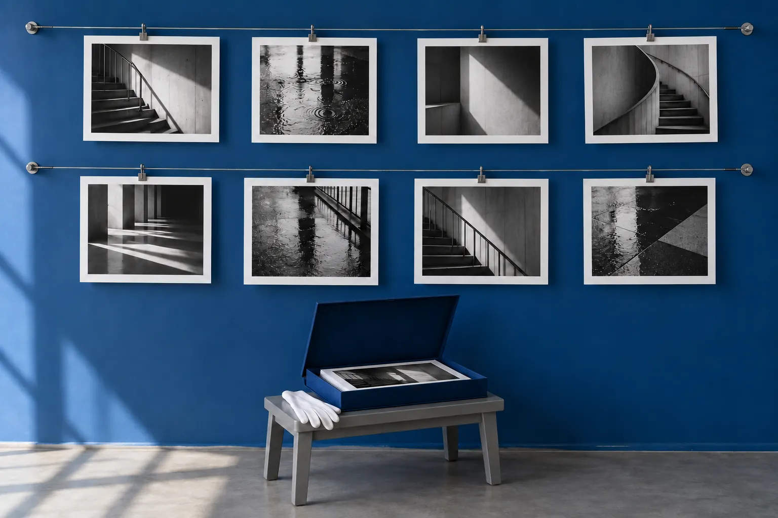 Illustration: Original black-and-white architectural detail photographs are clipped to a wire review wall above a blue portfolio case.