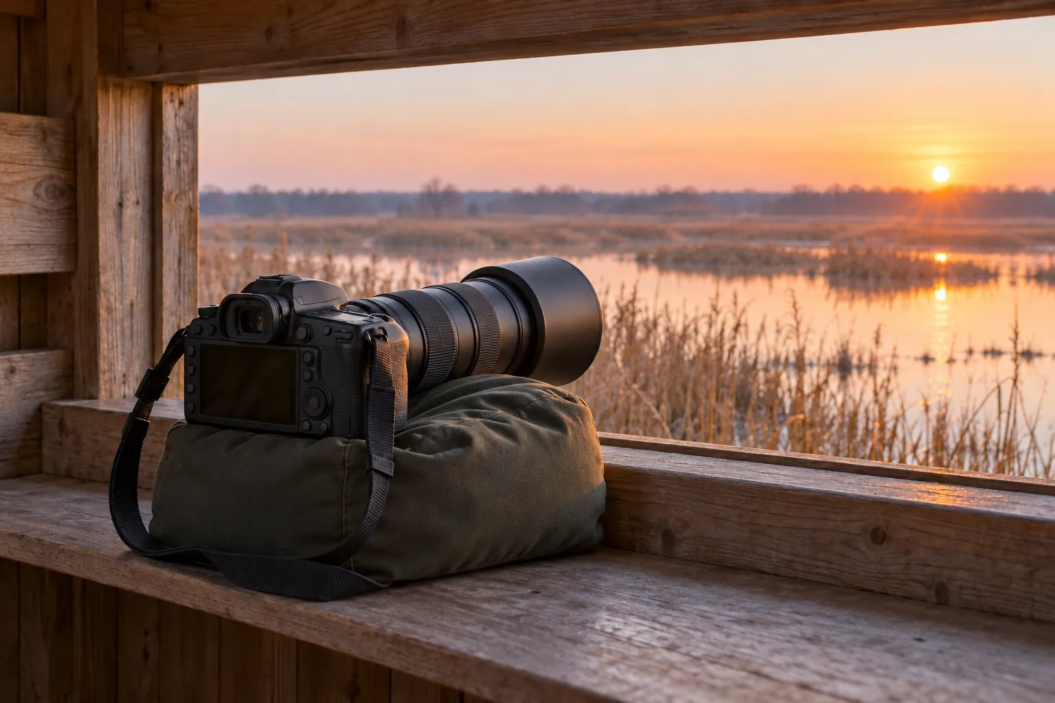 Illustration: A long-lens camera resting on a beanbag in a timber observation hide.