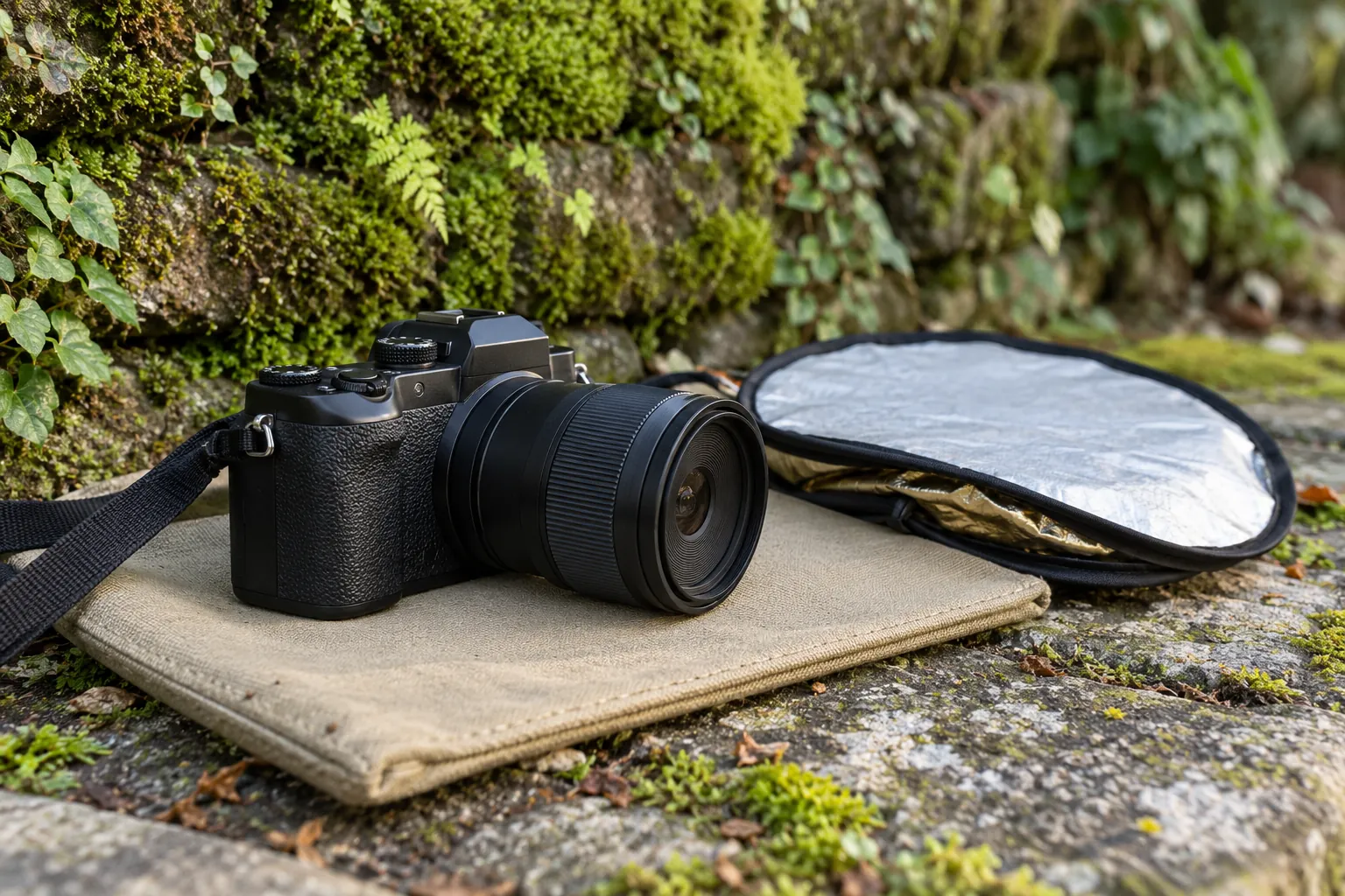 Illustration: A macro camera and folded reflector beside a moss-covered wall.