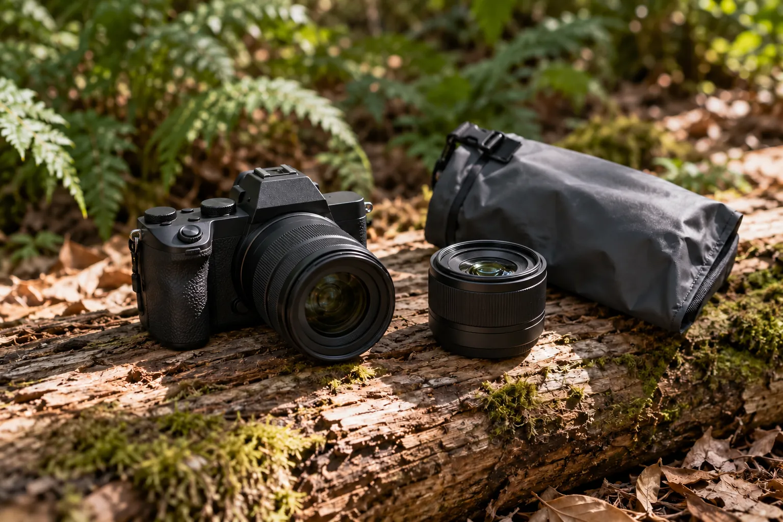 Illustration: A small camera and lens on a dry log beneath trees.