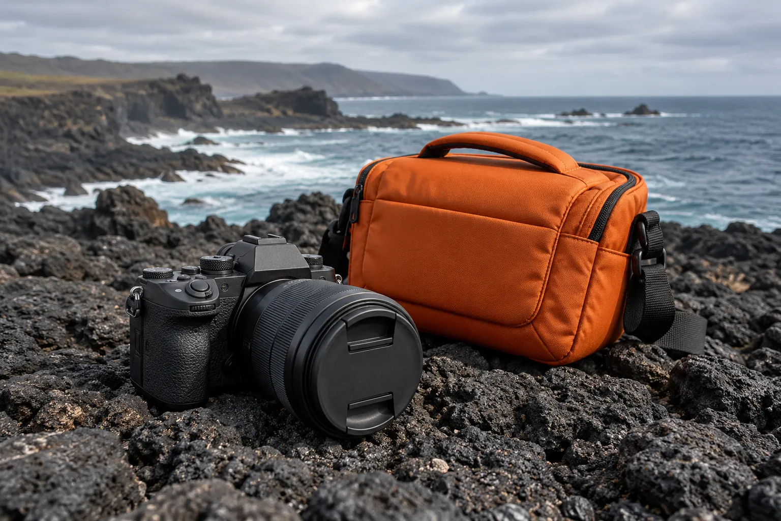 Illustration: An unbranded camera with lens cap and a padded orange bag rest on dry black volcanic rock beneath a gray sky, shown close with a broad coast behind.
