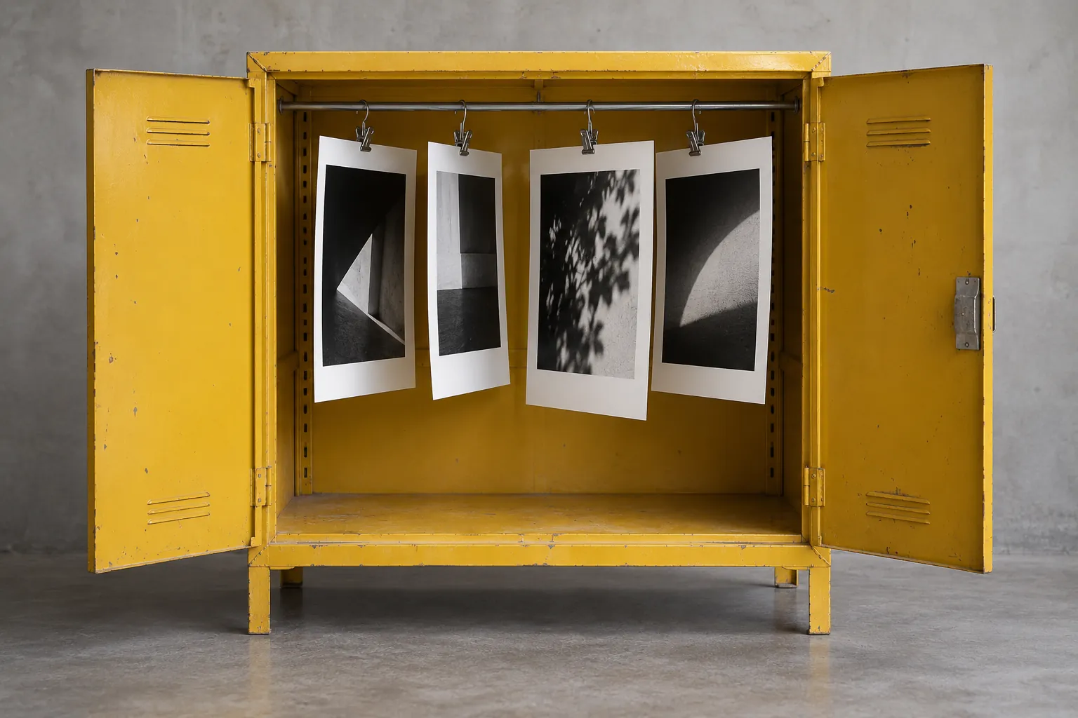 Illustration: Original abstract black-and-white photographic prints hang from clips inside an open yellow metal cabinet in a gray studio, shown frontally with no readable text.