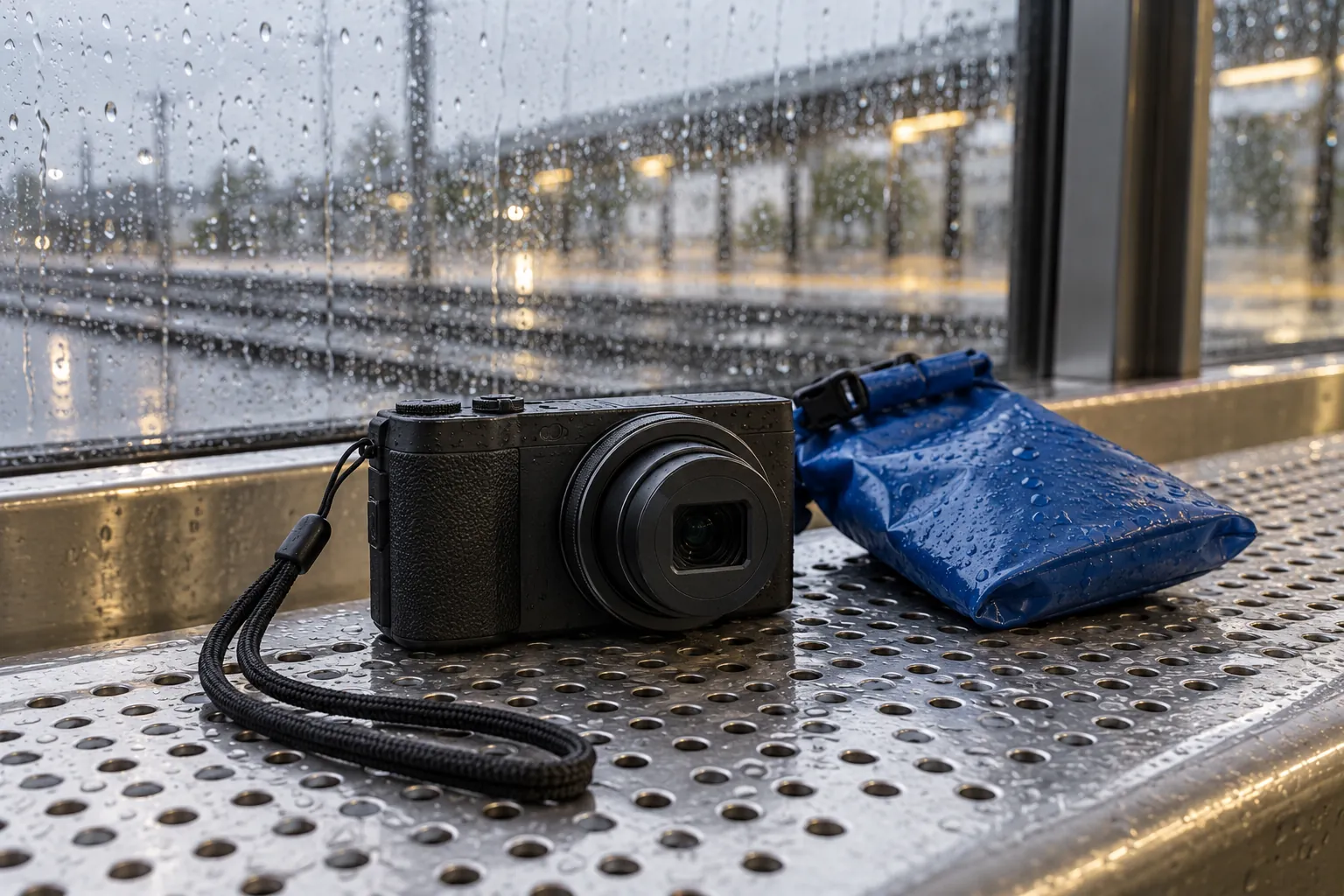 Illustration: An unbranded compact camera, wrist strap and blue waterproof pouch sit on a perforated steel bench beside a wet station window, viewed low and close.