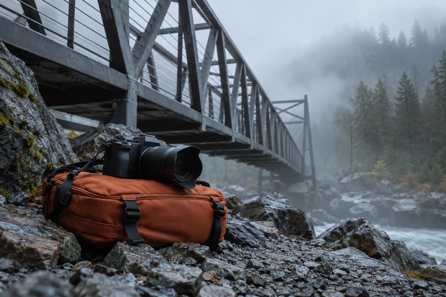 Illustration: An unbranded black camera rests on a closed orange bag at the base of a steel pedestrian bridge.
