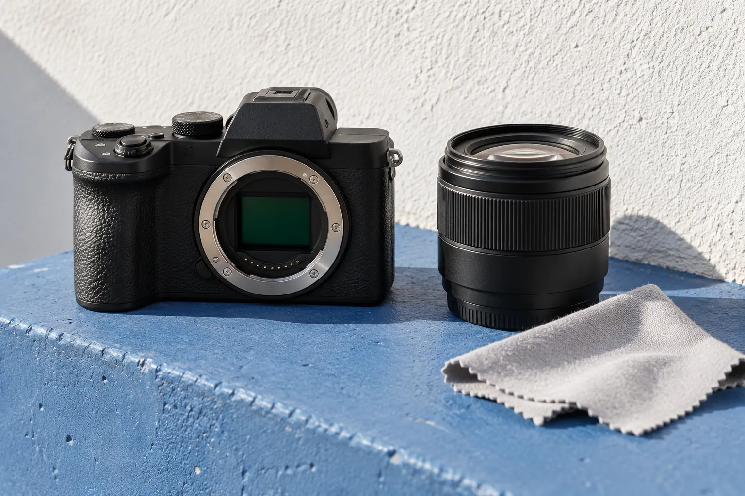 Illustration: An unbranded camera, detached lens and plain lens cloth sit on a blue painted concrete block against a white wall.