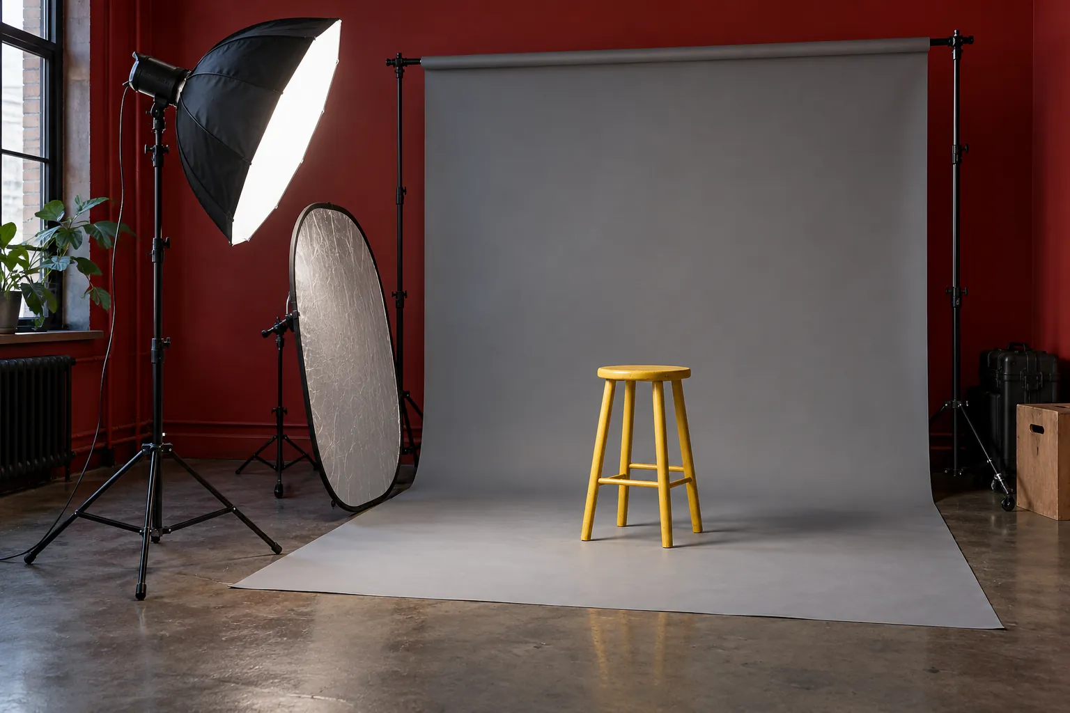 Illustration: An empty yellow stool stands before a plain grey backdrop, one umbrella light and reflector to the side in a red-walled studio.