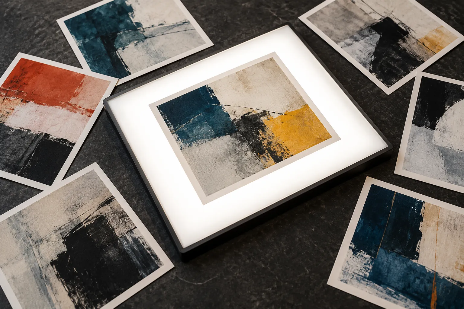 Illustration: Small original abstract colour prints with no faces or lettering arranged around an illuminated white light panel on a charcoal surface.