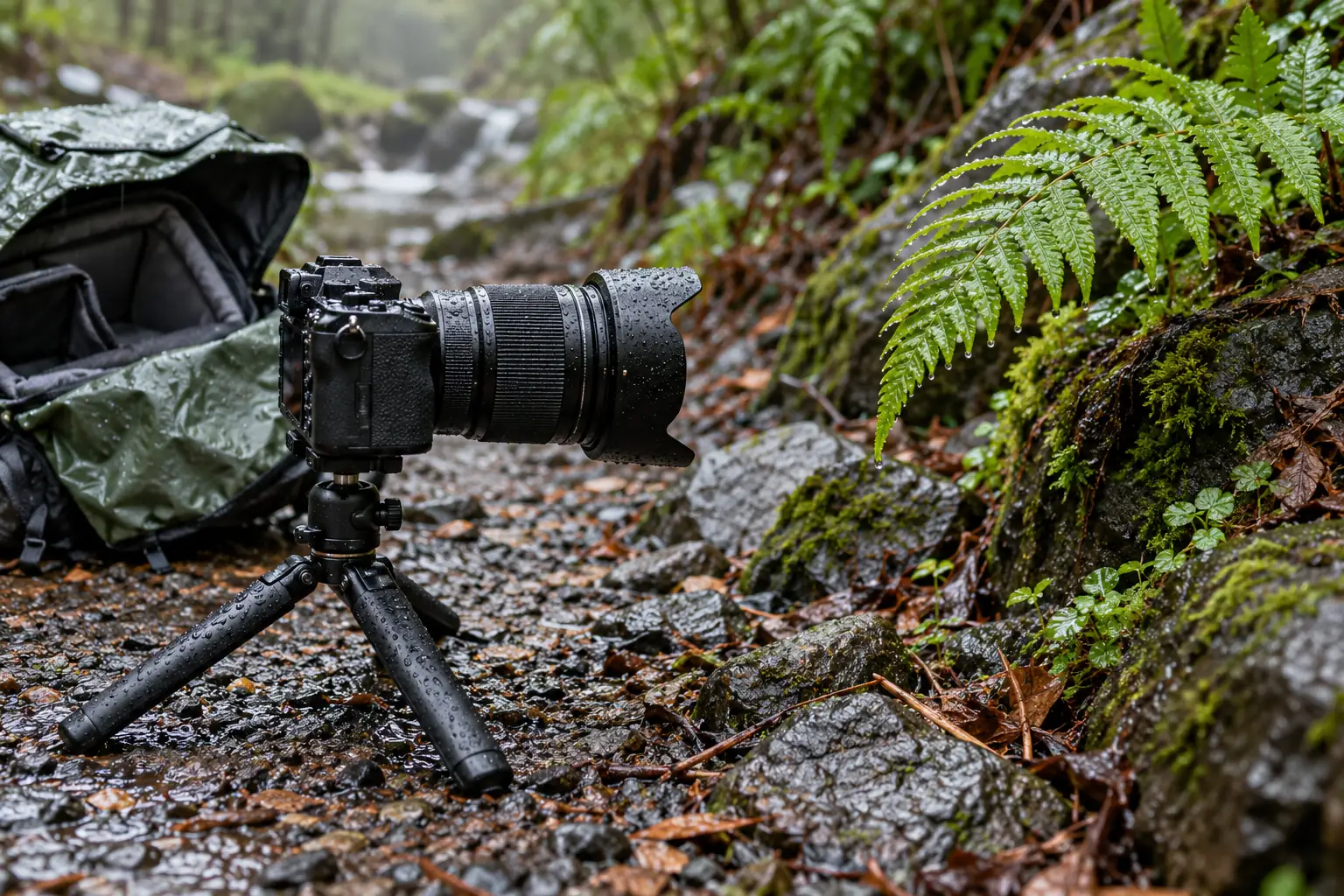 Illustration: An unbranded camera on a small tripod points toward a fern frond beside wet gravel, open rain cover nearby.