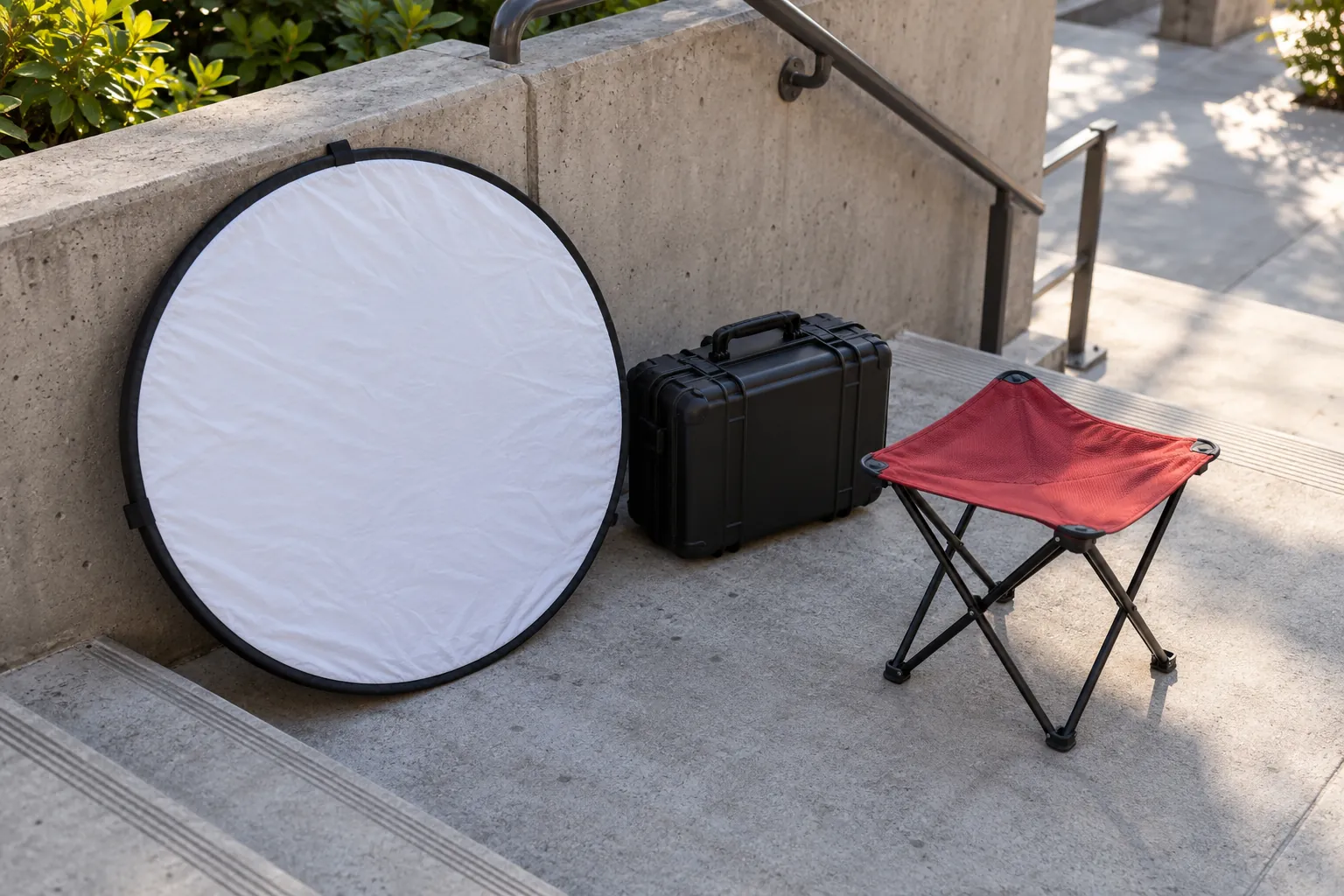 Illustration: A round collapsible white reflector leans on a concrete stair landing beside a plain camera case and red folding stool.