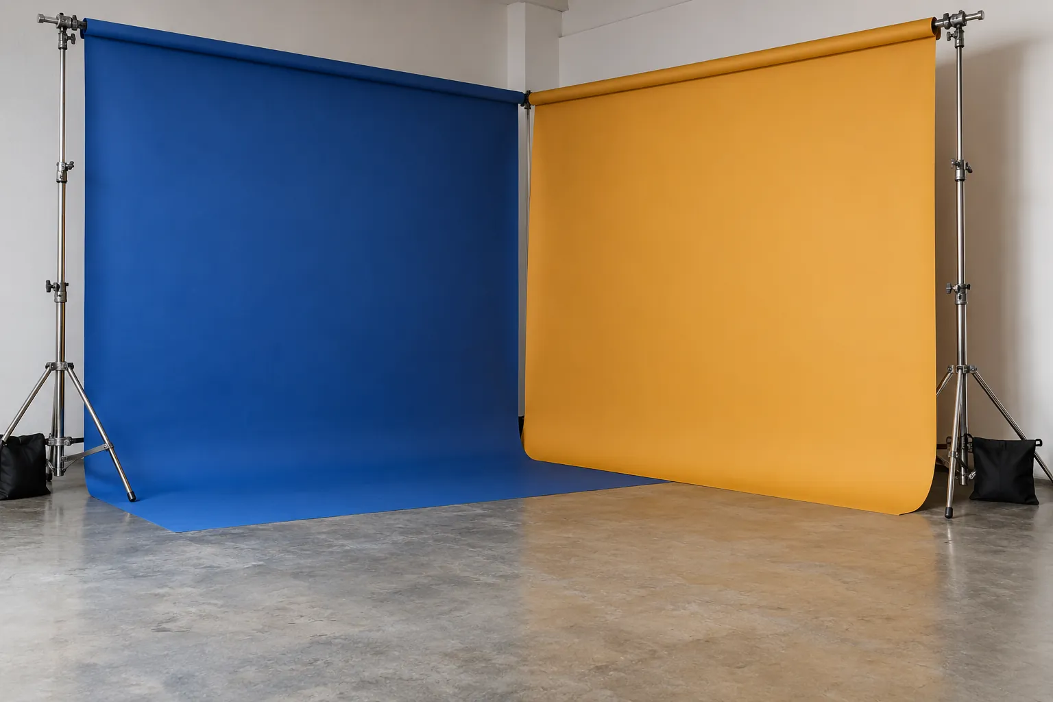 Illustration: Plain cobalt and ochre backdrop rolls mounted in an empty studio corner above tidy light stands and black sandbags.