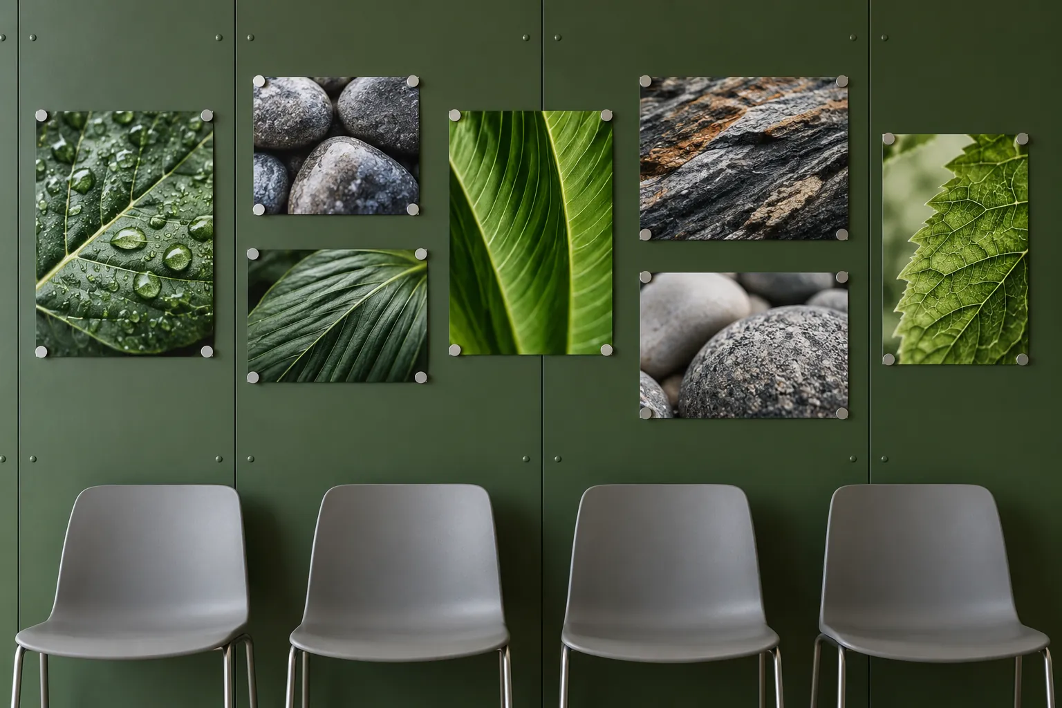 Illustration: Original close-up leaf and stone photographs attached to a green steel wall using small round magnets, empty grey chairs below.