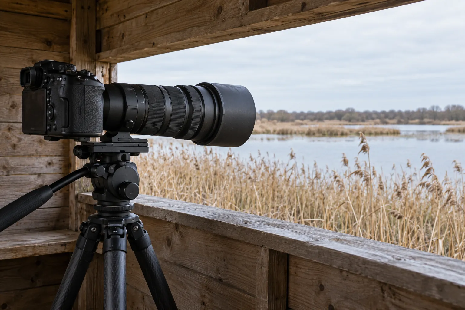 Illustration: An unbranded camera with a long lens on a stable tripod inside a simple birdwatching shelter, reeds visible beyond.