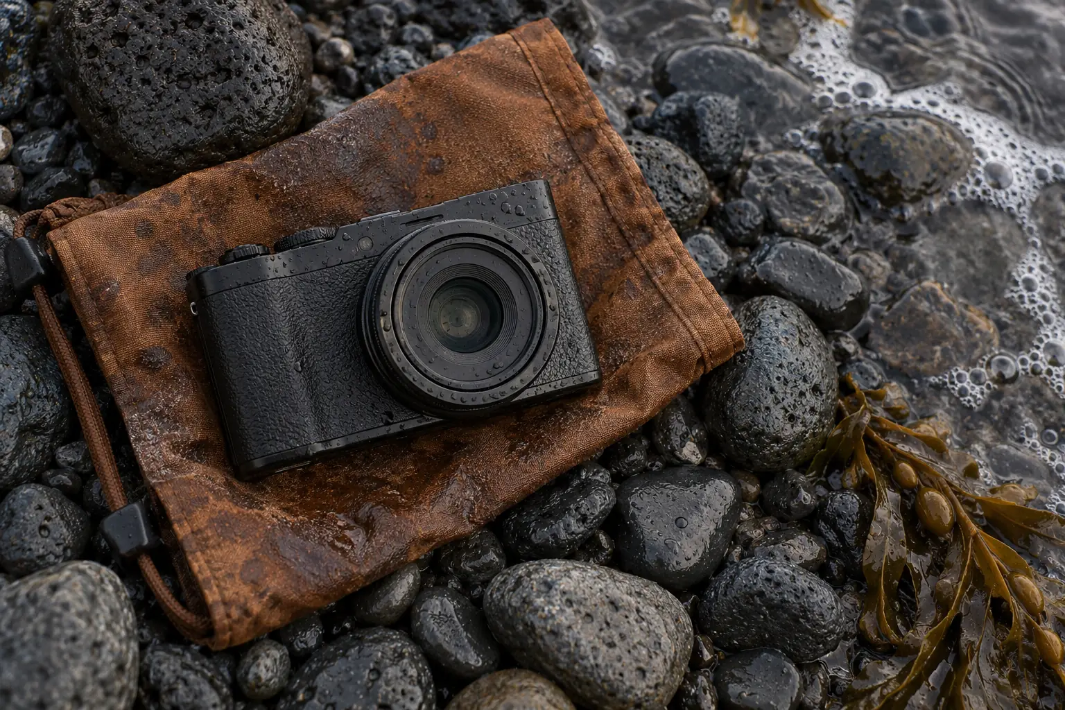 Illustration: A black unbranded compact camera on a rust canvas pouch among dark volcanic pebbles at a tide edge.