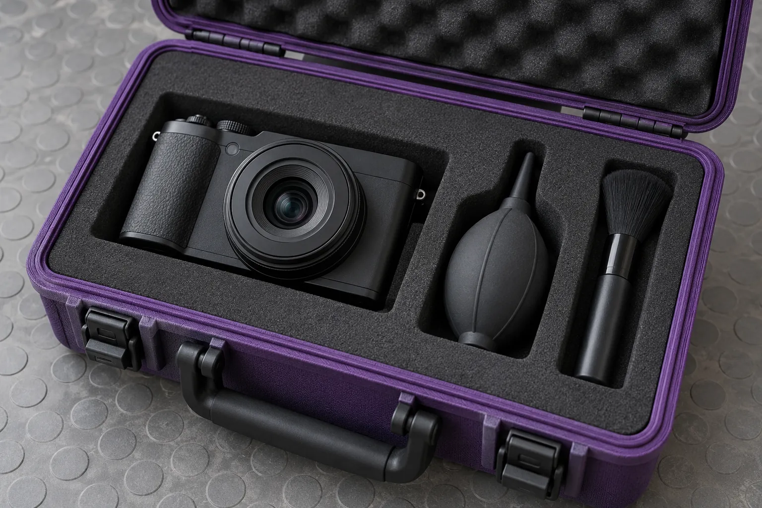 Illustration: An open violet equipment case holds an unbranded camera, air blower and soft brush in plain foam compartments.