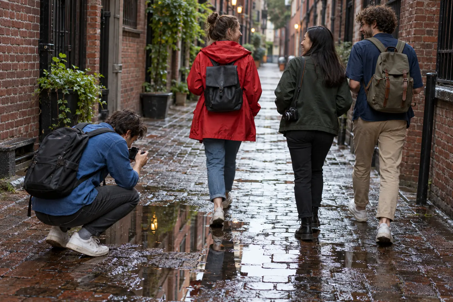 Illustration: Four young adults take photos during a walk through a wet brick alley after rain.