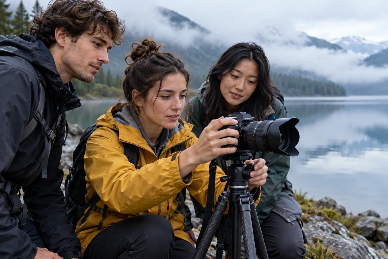 Illustration: Young adults check a tripod-mounted camera beside a quiet lake.