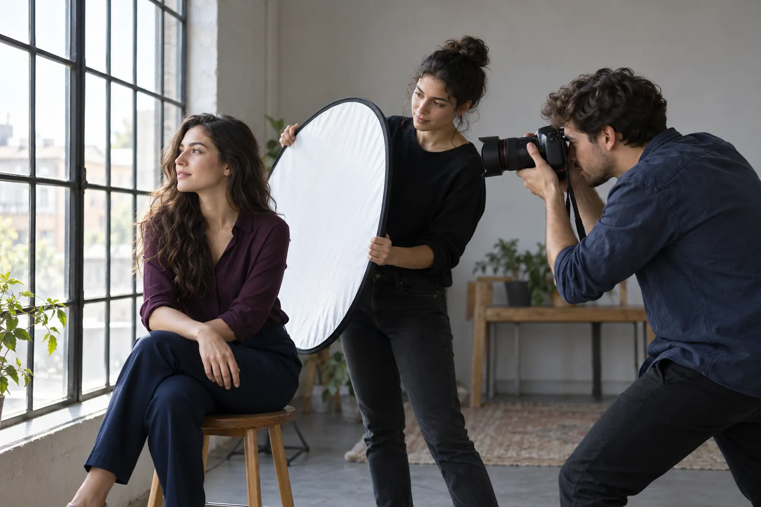 Illustration: Young adults practice portrait photography with window light and a reflector.