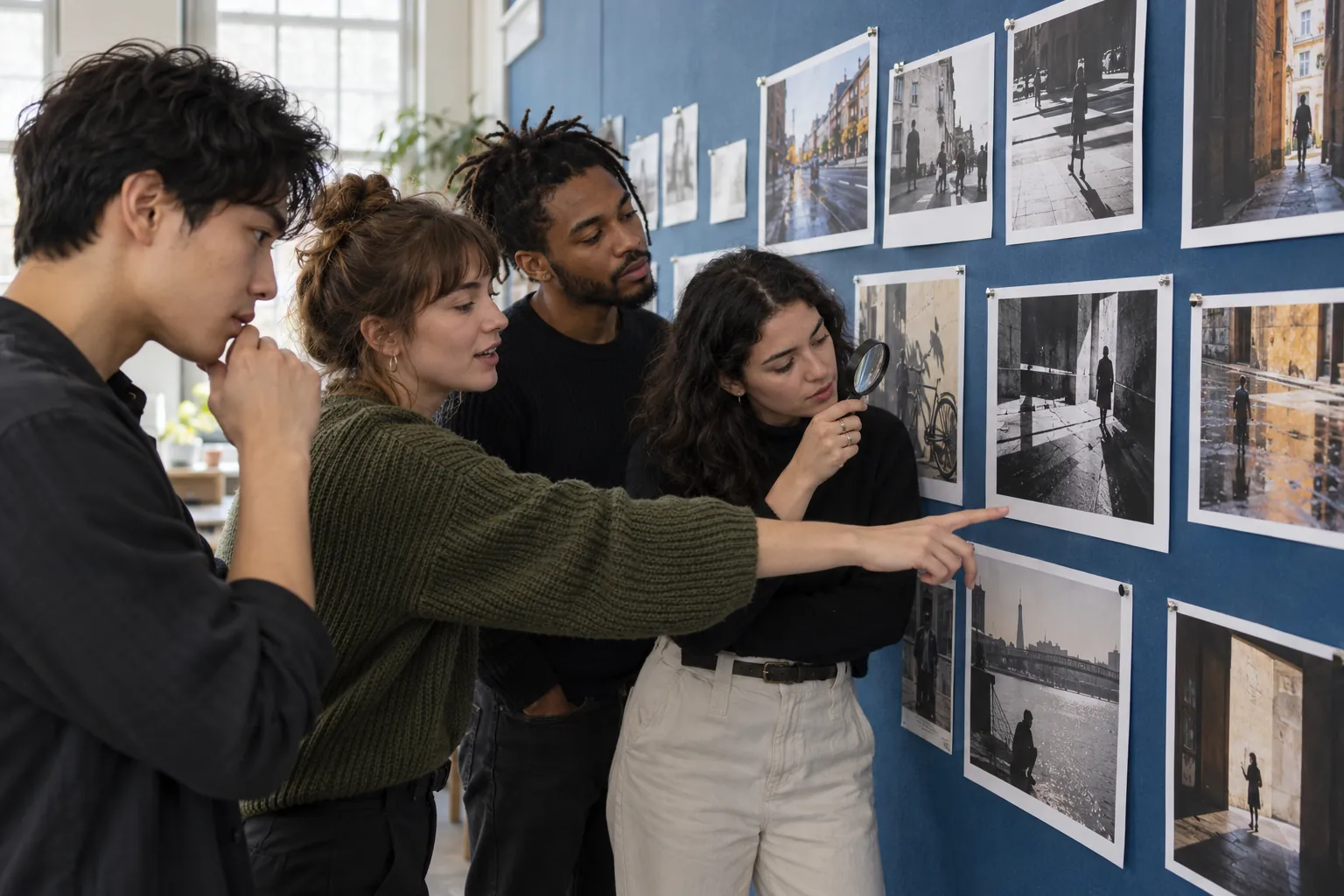 Illustration: Young adults discuss photographs pinned to a workshop wall.