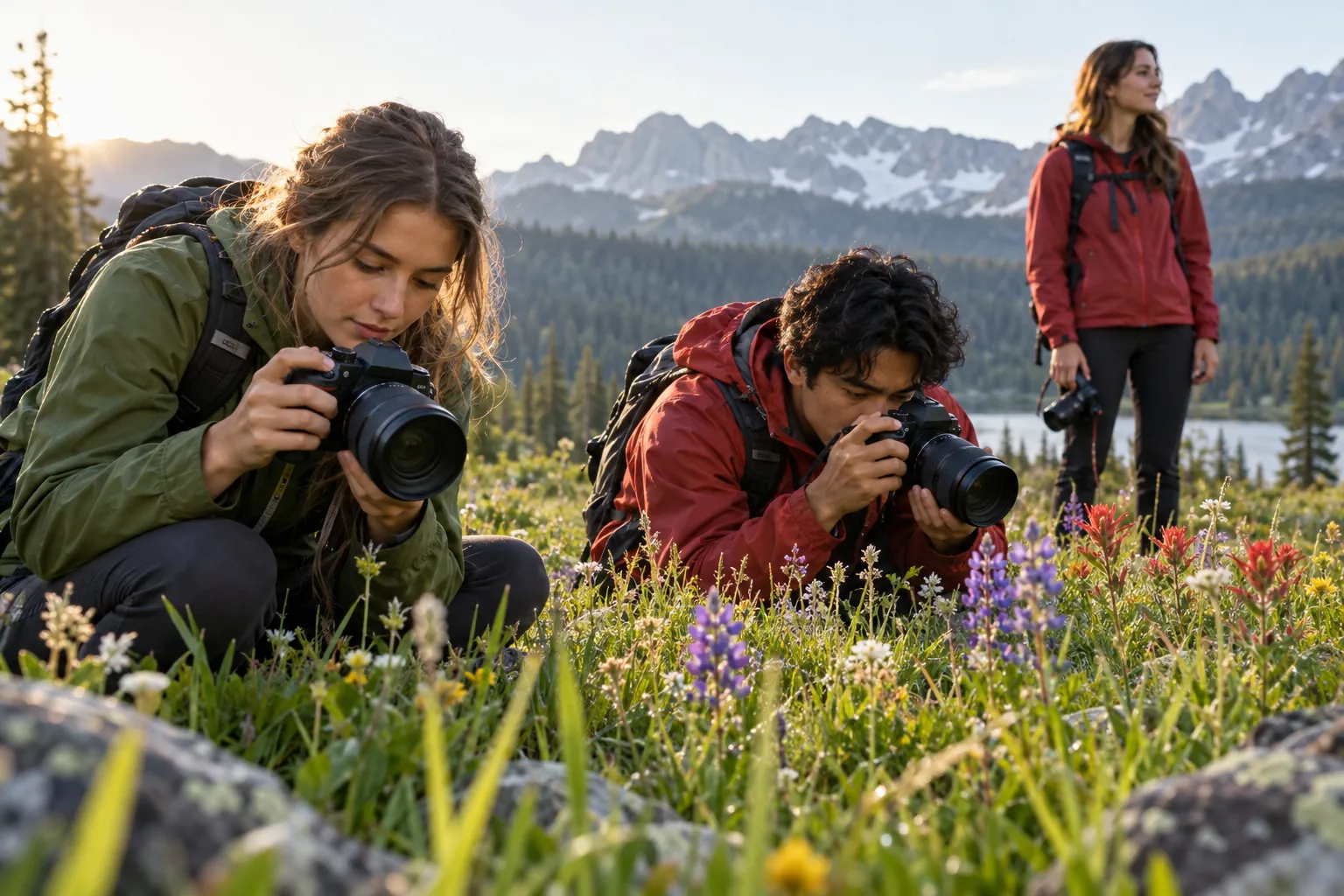 Illustration: Young photographers capture wildflowers in a meadow.