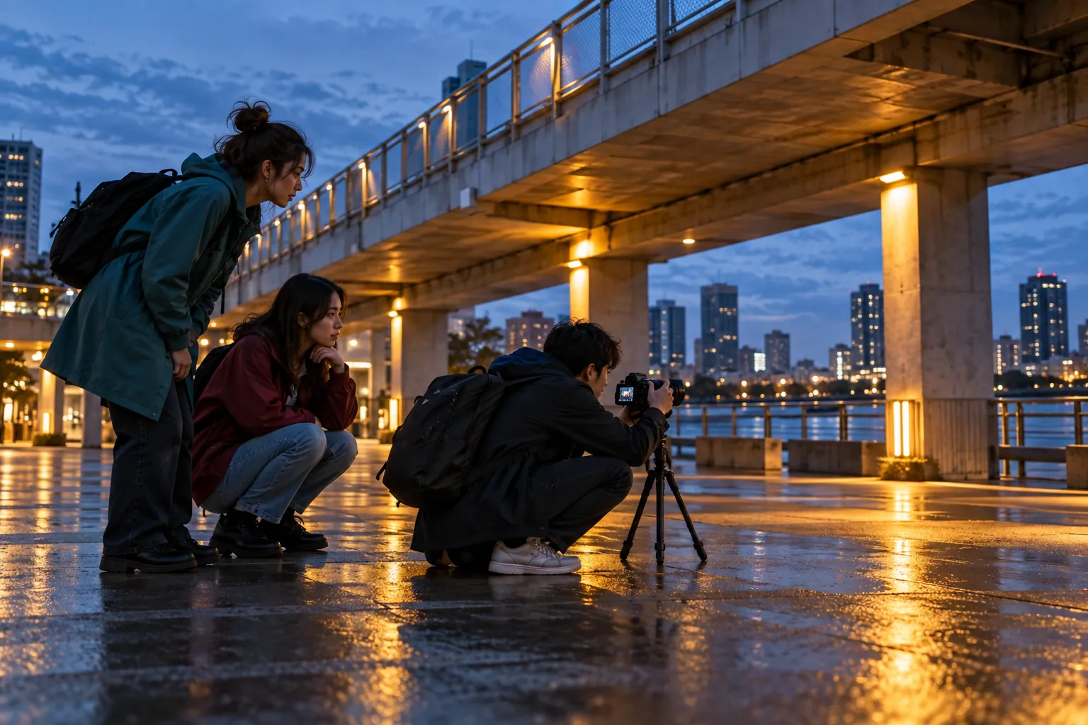 Illustration: Three young adult photographers studying light under a walkway at blue hour.