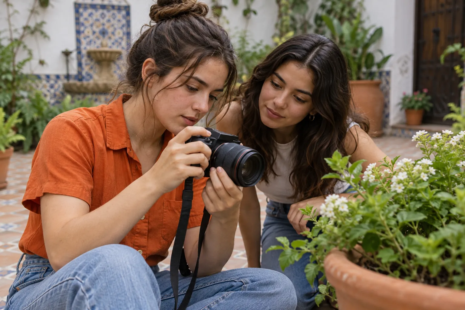 Illustration: Two young adults study a camera together in a tiled courtyard.