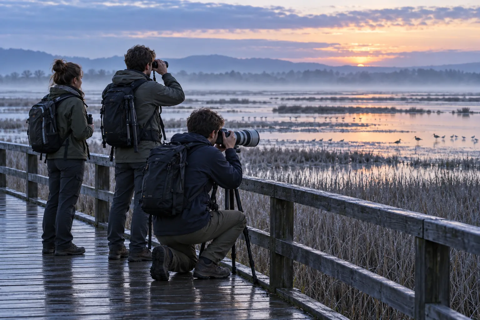 Illustration: Young adult photographers watch shorebirds from a wetland boardwalk.